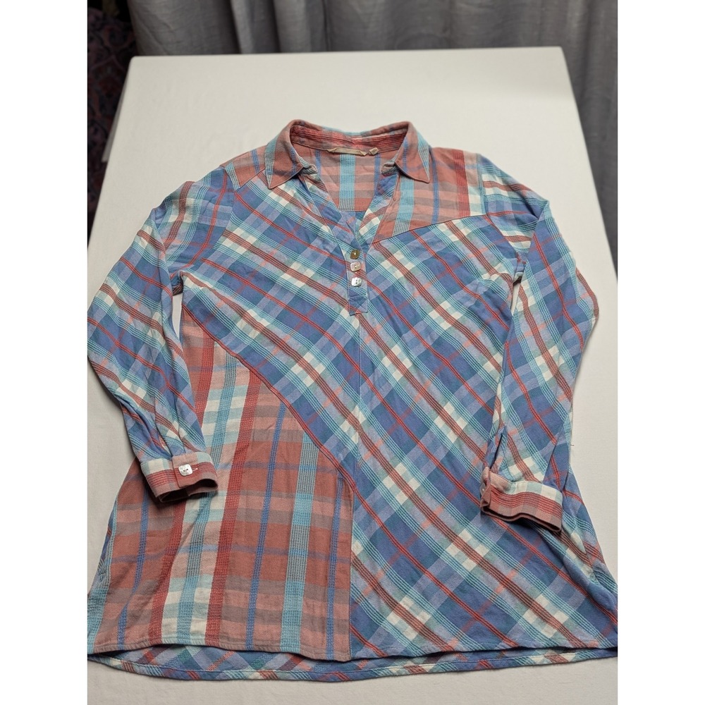 Soft Surroundings Blue Coral Plaid Cotton Rayon Henley Tunic Top Large 2EQ96